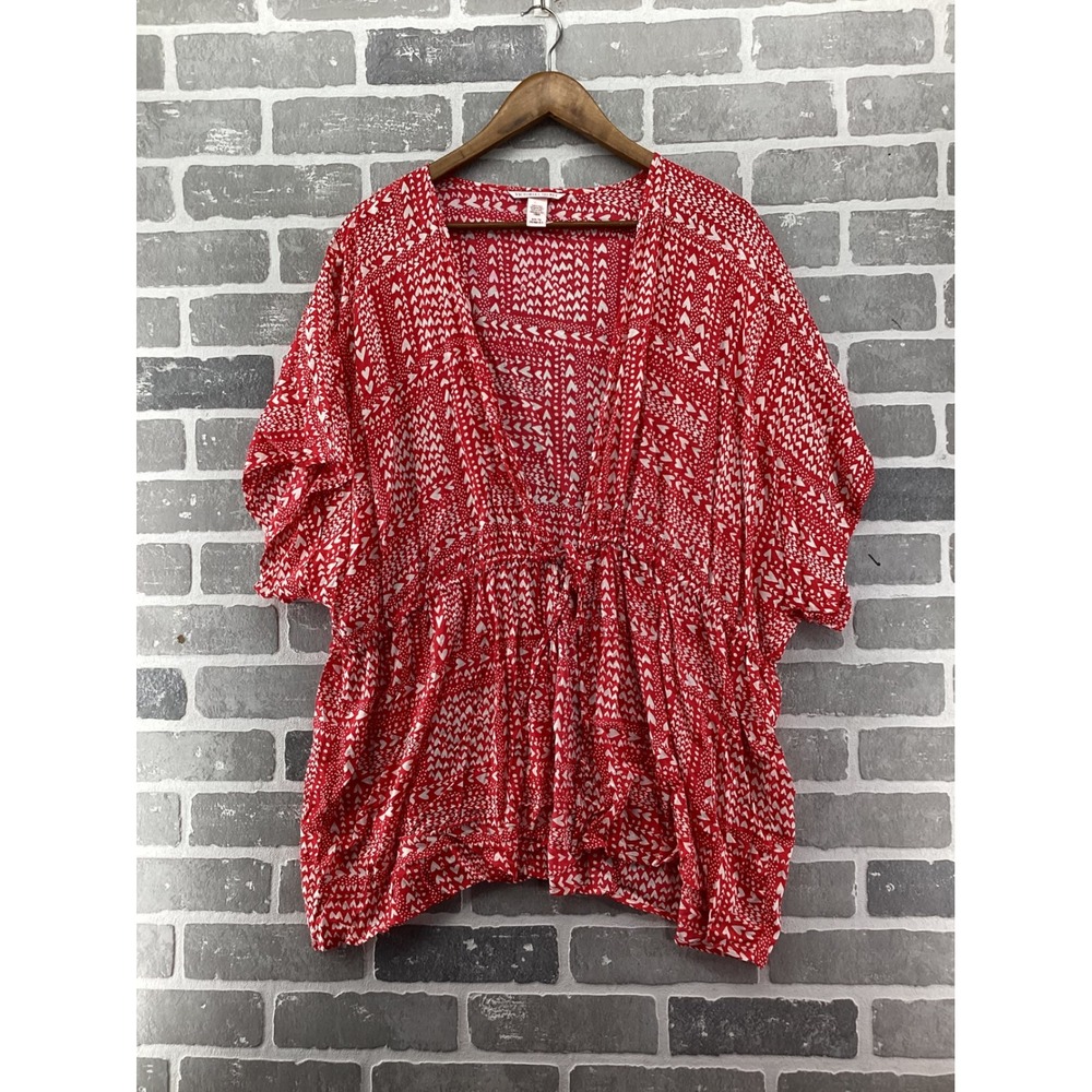 Victorias Secret Red White Heart Print Kimono Cover Up Drawstring Waist OS
